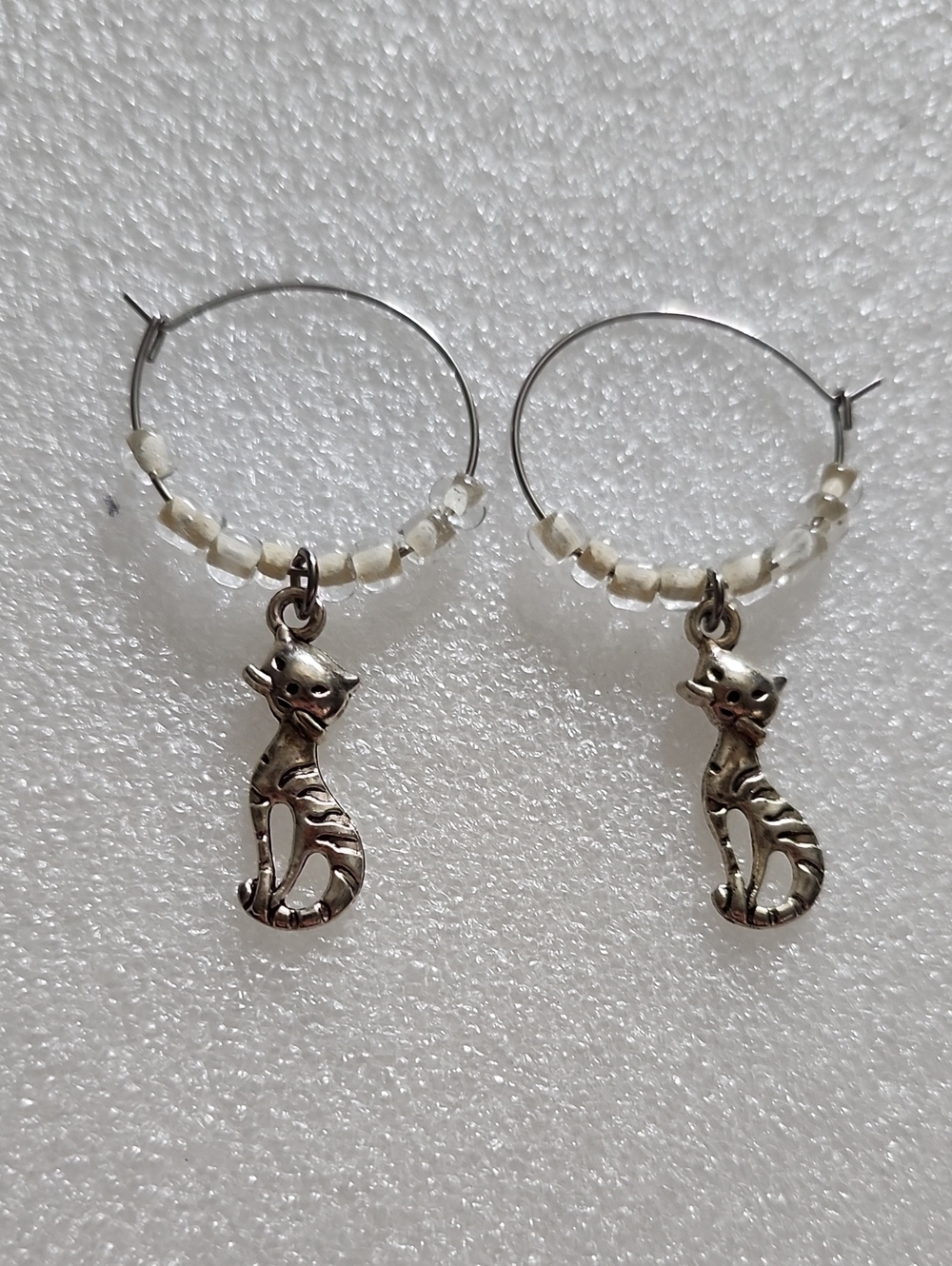 Hand Crafted Silver Cat Hoop Earrings with White Beads - Women Jewelry